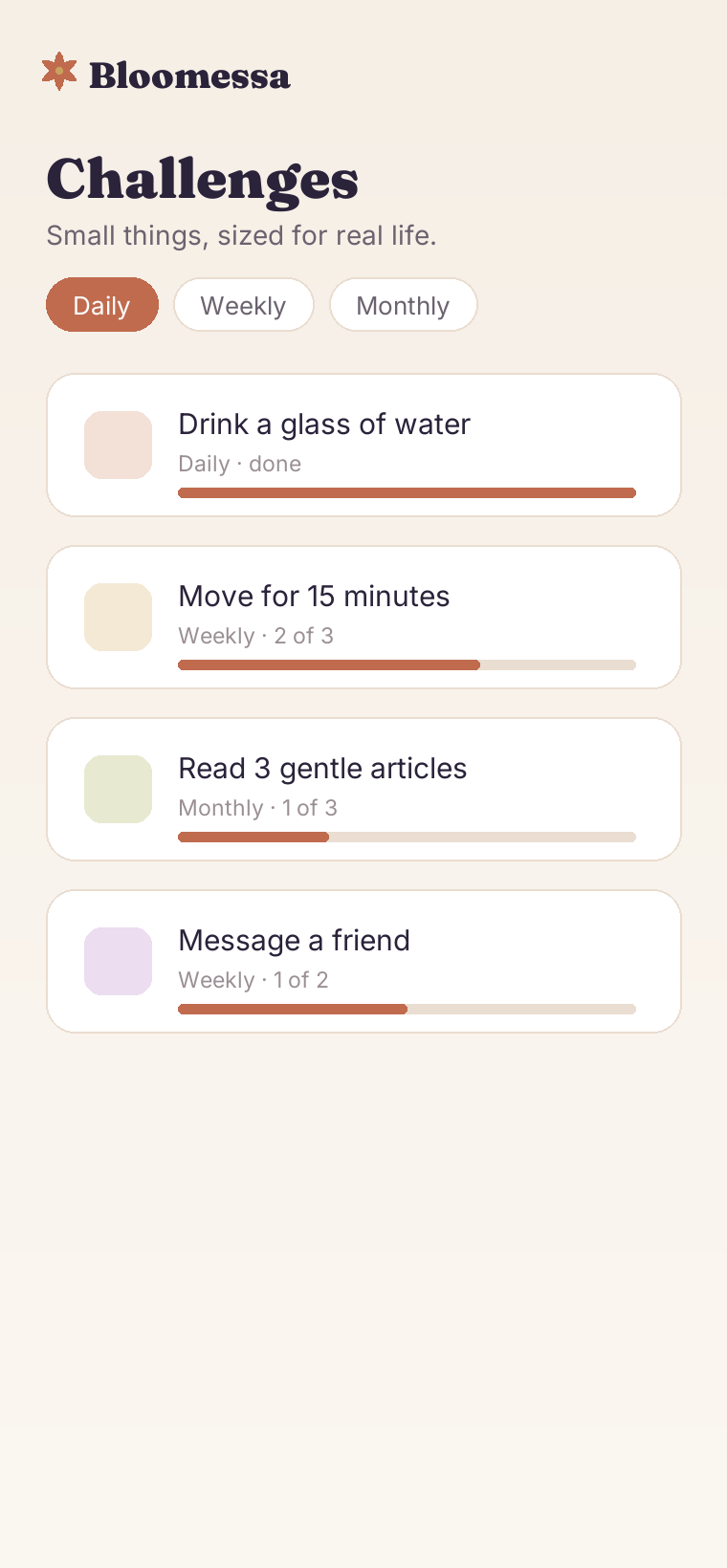 Bloomessa Challenges screen — daily, weekly and monthly nudges