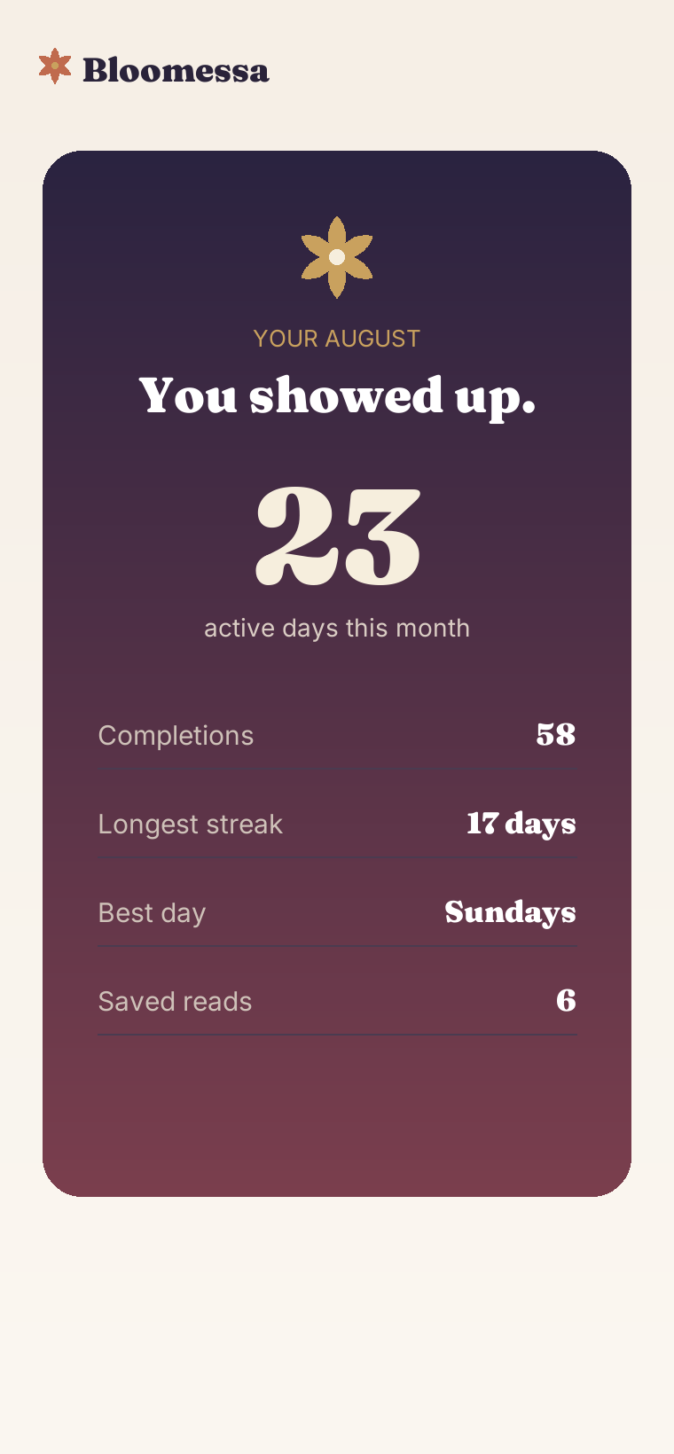 Bloomessa monthly recap — a gentle story of your month